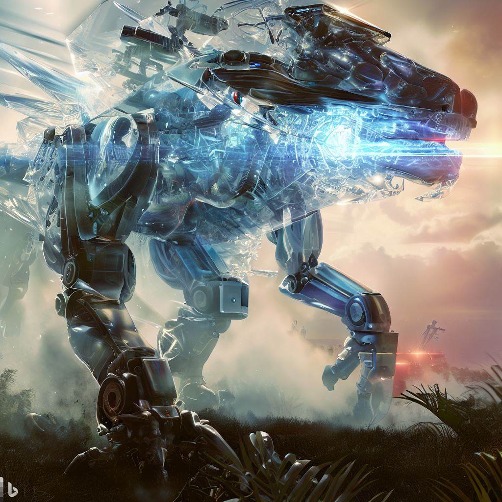 futuristic dinosaur mech with glass body being hunted, shatter, fauna in foreground, detailed smoke and clouds, lens flare, realistic, h.r. giger style 10.jpg